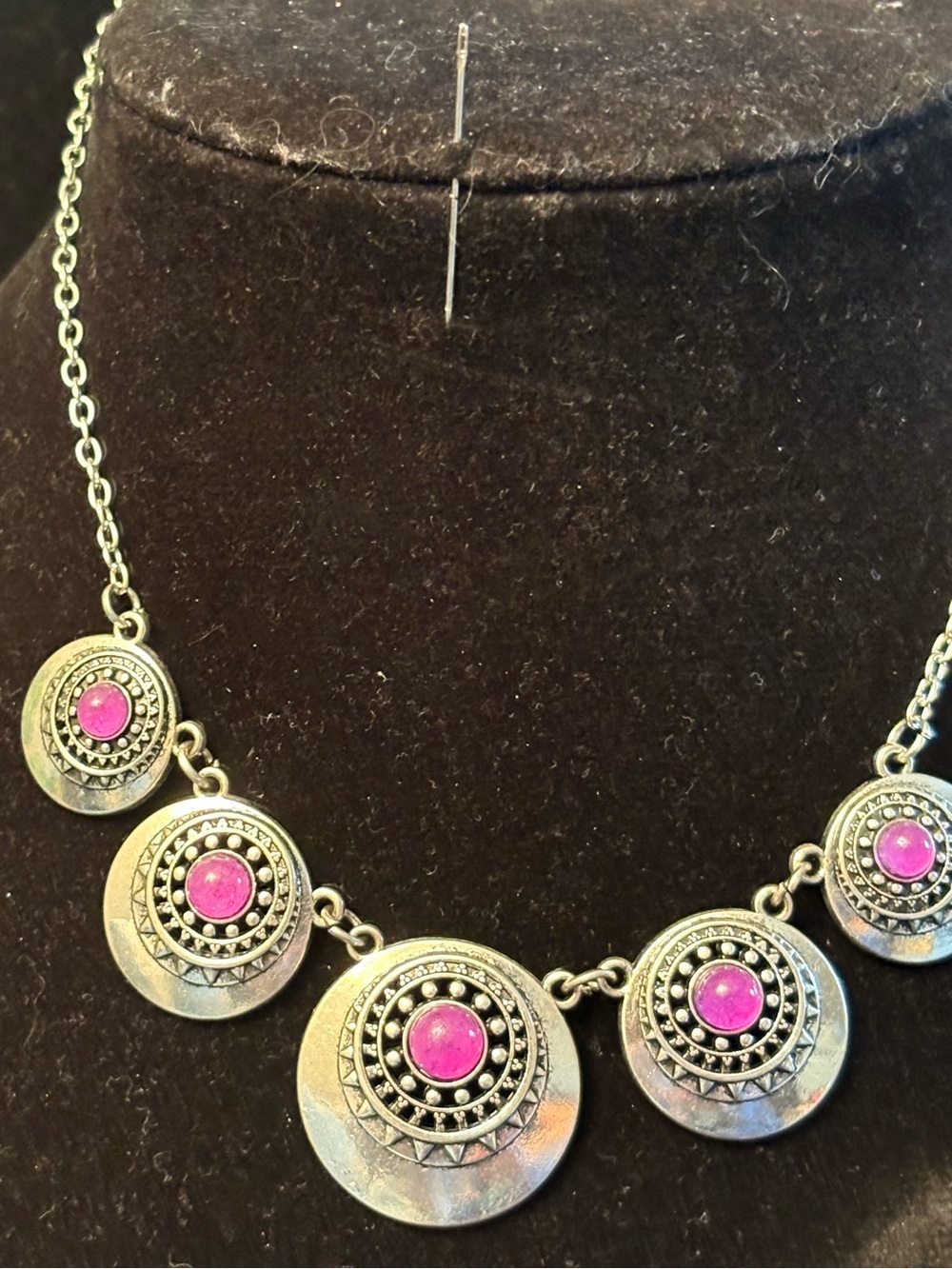Silver-Tone Medallion Necklace with Pink Stones